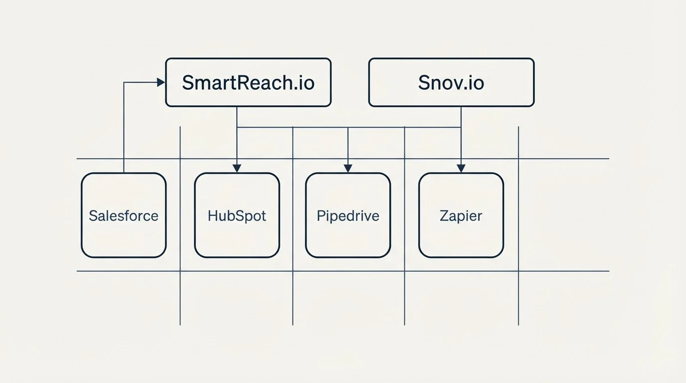 Integration grid: Integration Ecosystem (SmartReach.io, Snov.io, HubSpot, Pipedrive)