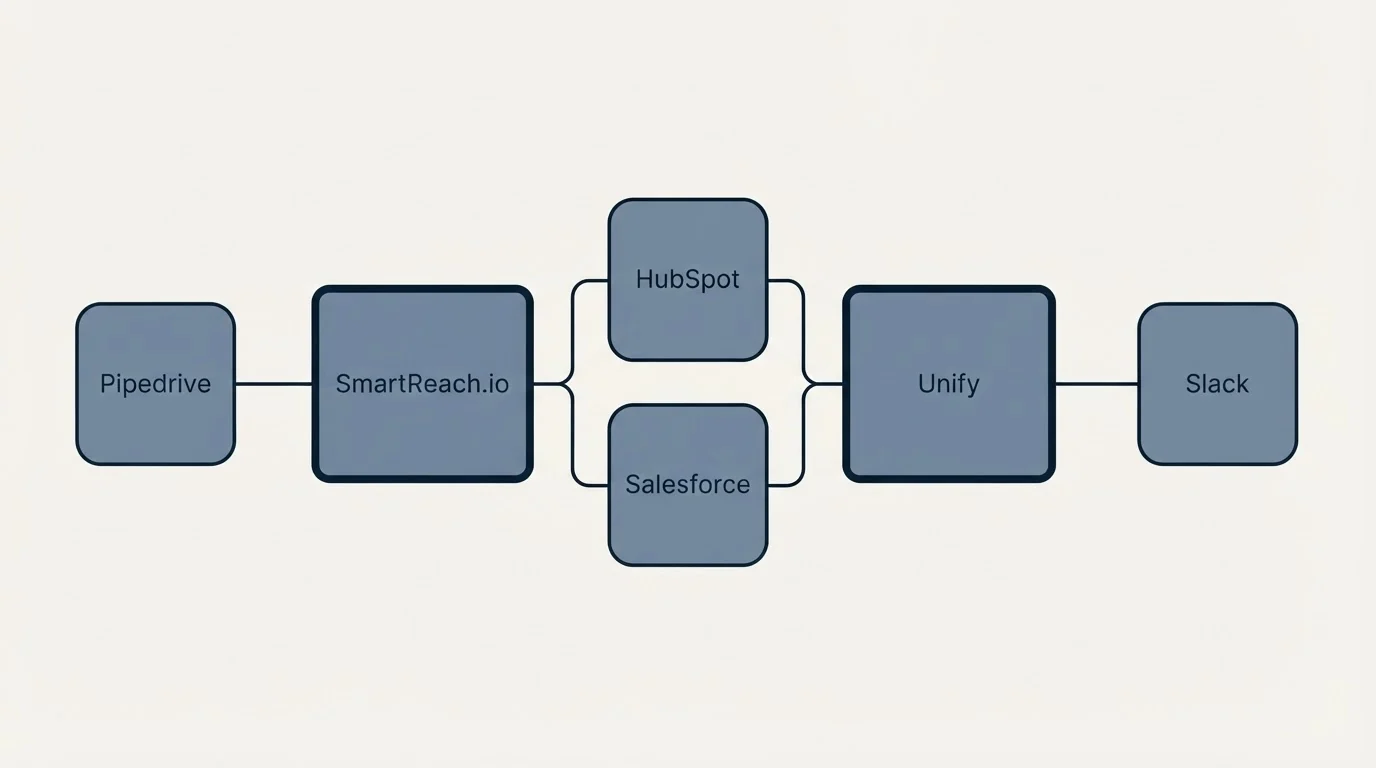 Integration schematic: Integration Ecosystem (SmartReach.io, Unify, HubSpot, Salesforce)