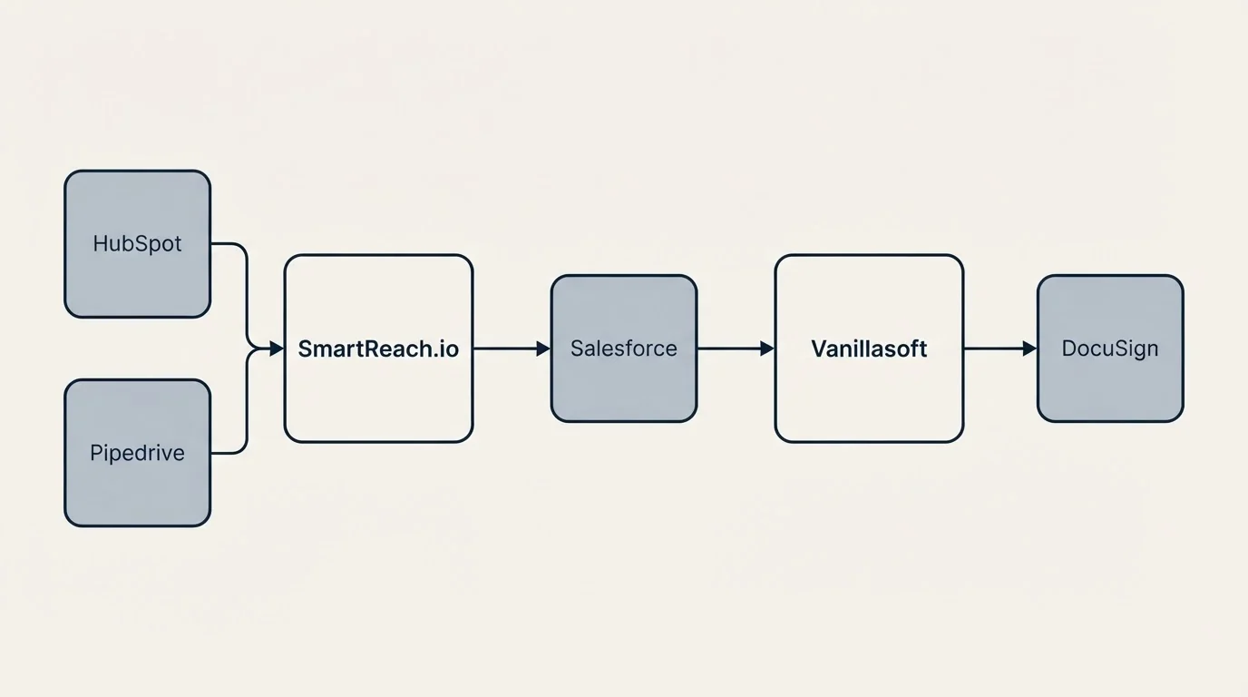 Integration schematic: Integration Ecosystem (SmartReach.io, Vanillasoft, Salesforce, HubSpot)