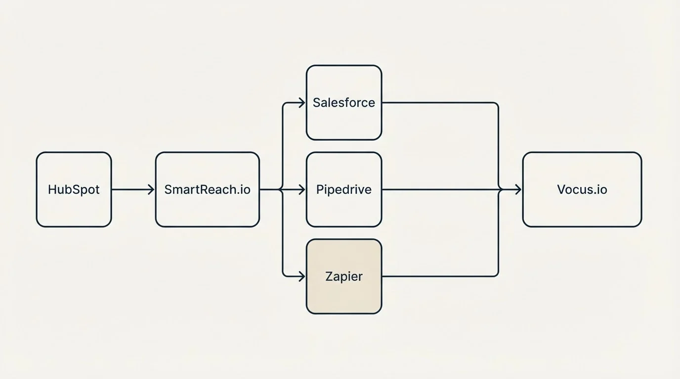 Integration flow: Integration Ecosystem (SmartReach.io, Vocus.io, Salesforce, Pipedrive)
