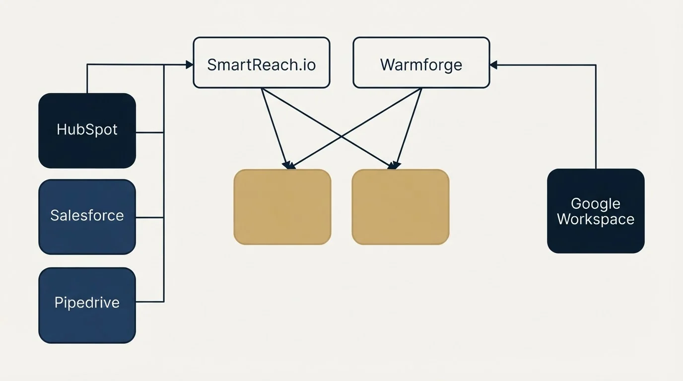 Integration grid: Integration Ecosystem (SmartReach.io, Warmforge, HubSpot, Google Workspace)
