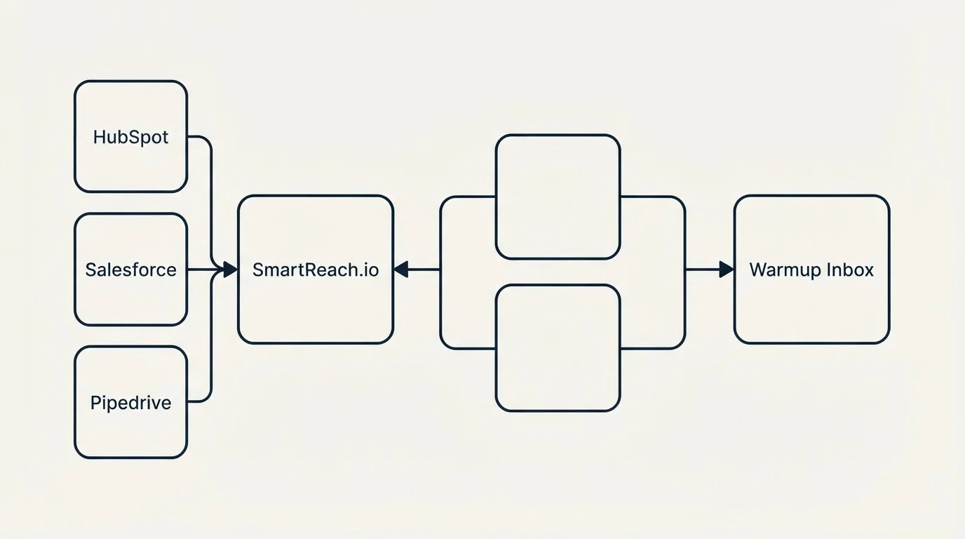 Integration schematic: Integration Ecosystem (SmartReach.io, Warmup Inbox, HubSpot, Gmail Workspace)