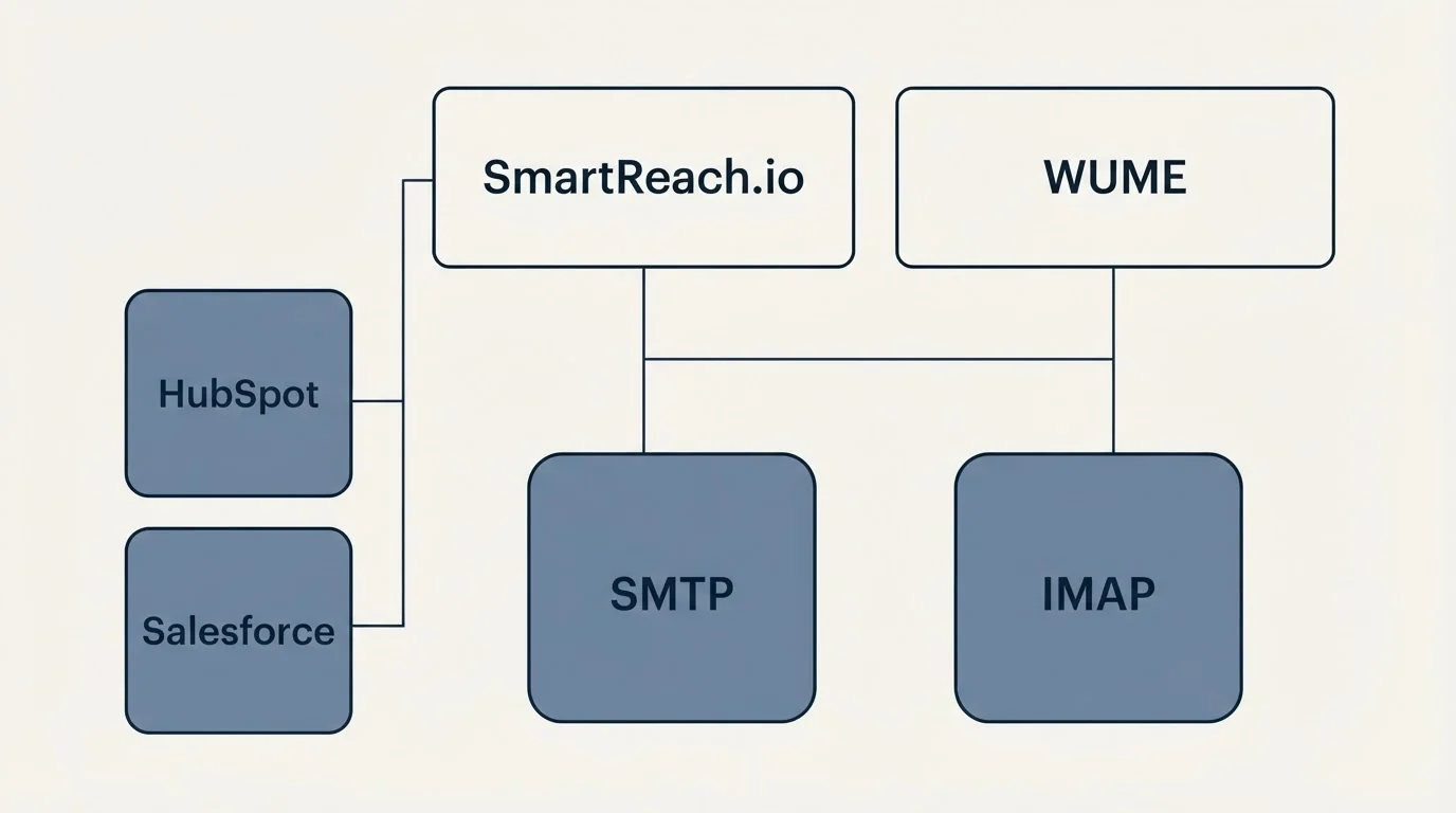 Integration grid: Integration Ecosystem (SmartReach.io, WUME, SMTP, IMAP)