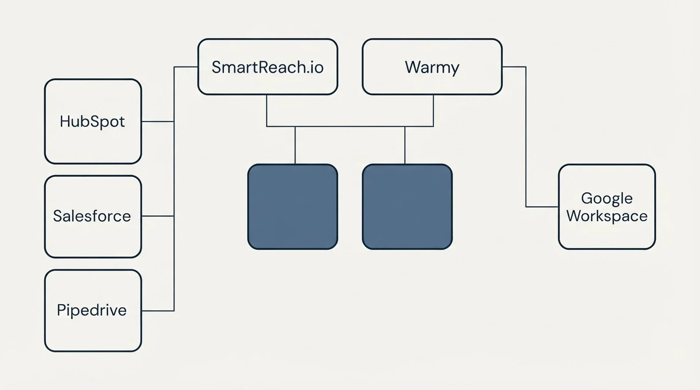 Integration grid: Integration Ecosystem (SmartReach.io, Warmy, HubSpot, Google Workspace)