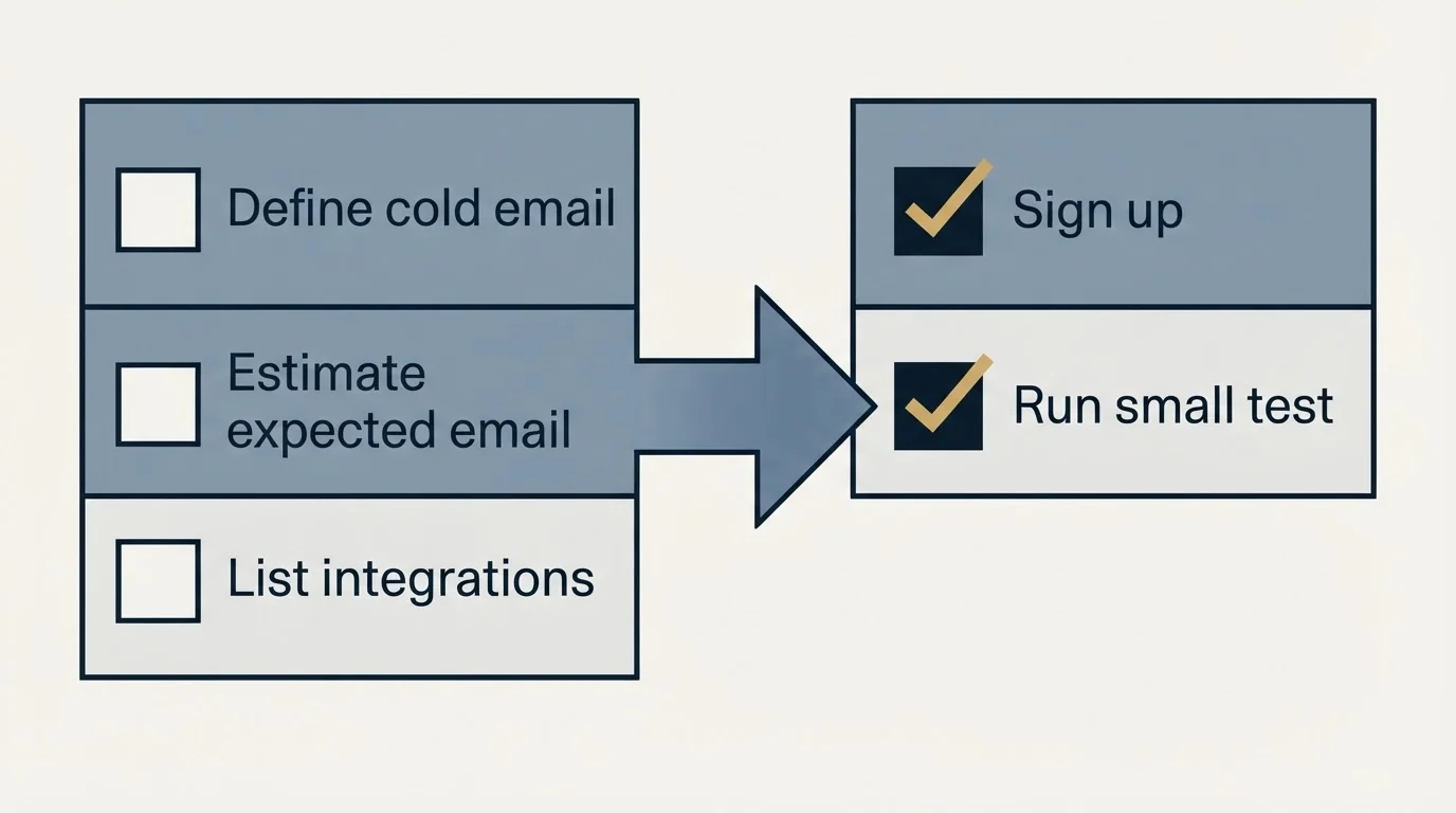 Before-and-after steps: Getting Started Checklist (Define cold email, Estimate expected email, List integrations, Sign up)