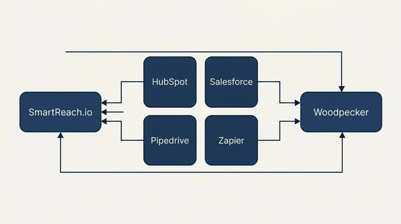 Integration schematic: Integration Ecosystem (SmartReach.io, Woodpecker, HubSpot, Salesforce)