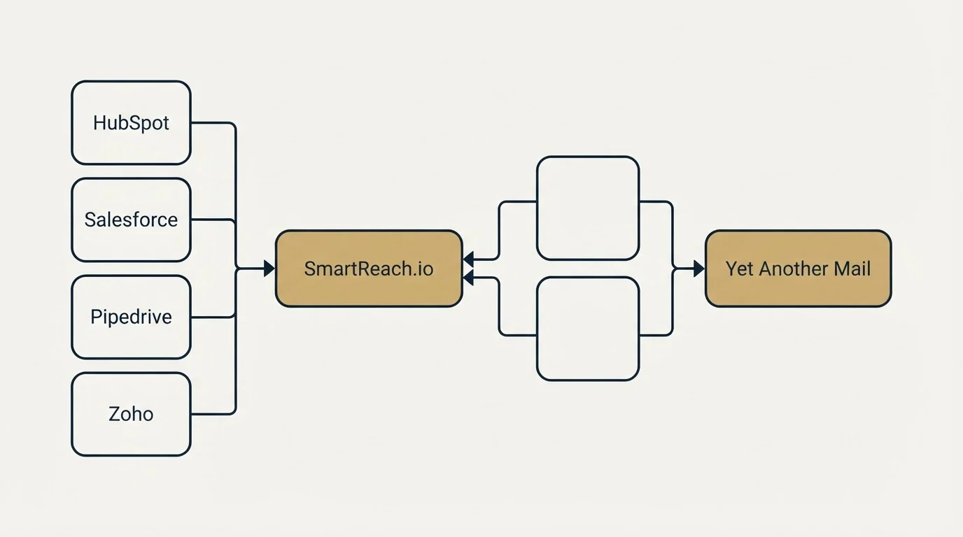 Integration flow: Integration Ecosystem (SmartReach.io, Yet Another Mail, HubSpot, Salesforce)