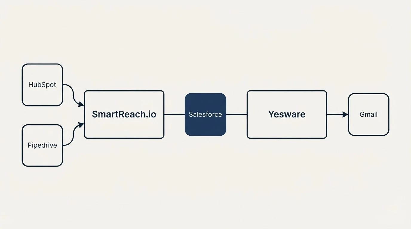 Integration flow: Integration Ecosystem (SmartReach.io, Yesware, Salesforce, HubSpot)