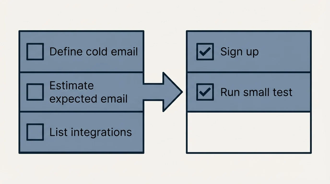 Before-and-after steps: Getting Started Checklist (Define cold email, Estimate expected email, List integrations, Sign up)