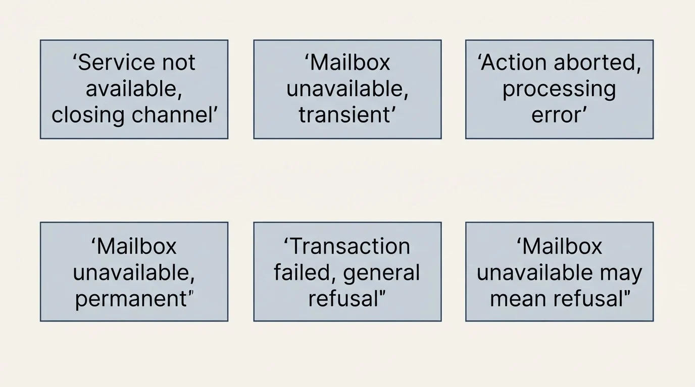 Schematic: The codes a sending programme actually meets (Service not available, closing channel, Mailbox unavailable, transient, Action aborted, processing error, Mailbox unavailable, permanent)