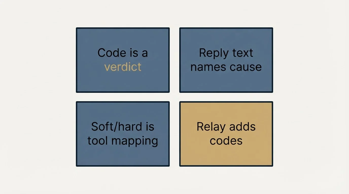 Schematic: Where the code stops being informative (Code is a verdict, Reply text names cause, Soft/hard is tool mapping, Relay adds codes)
