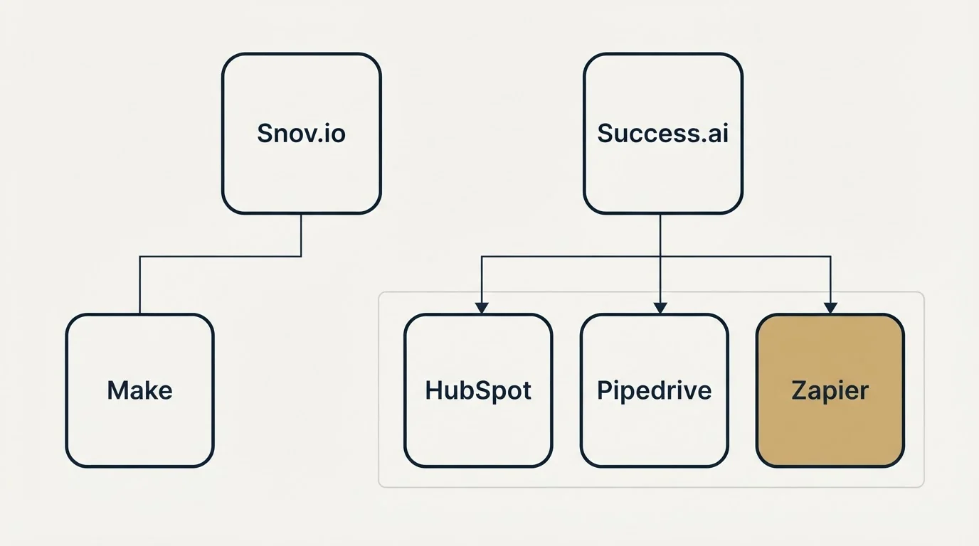 Integration grid: Integration Ecosystem (Snov.io, Success.ai, HubSpot, Pipedrive)