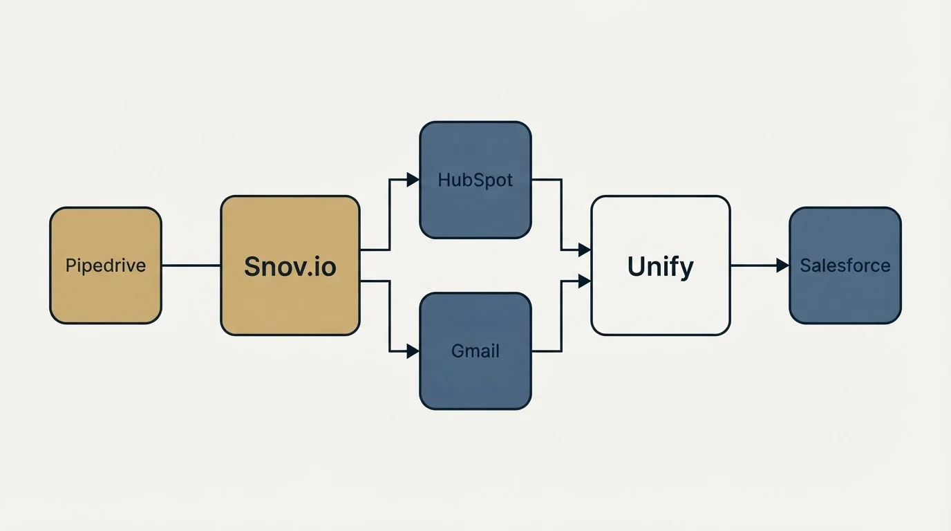 Integration flow: Integration Ecosystem (Snov.io, Unify, HubSpot, Gmail)