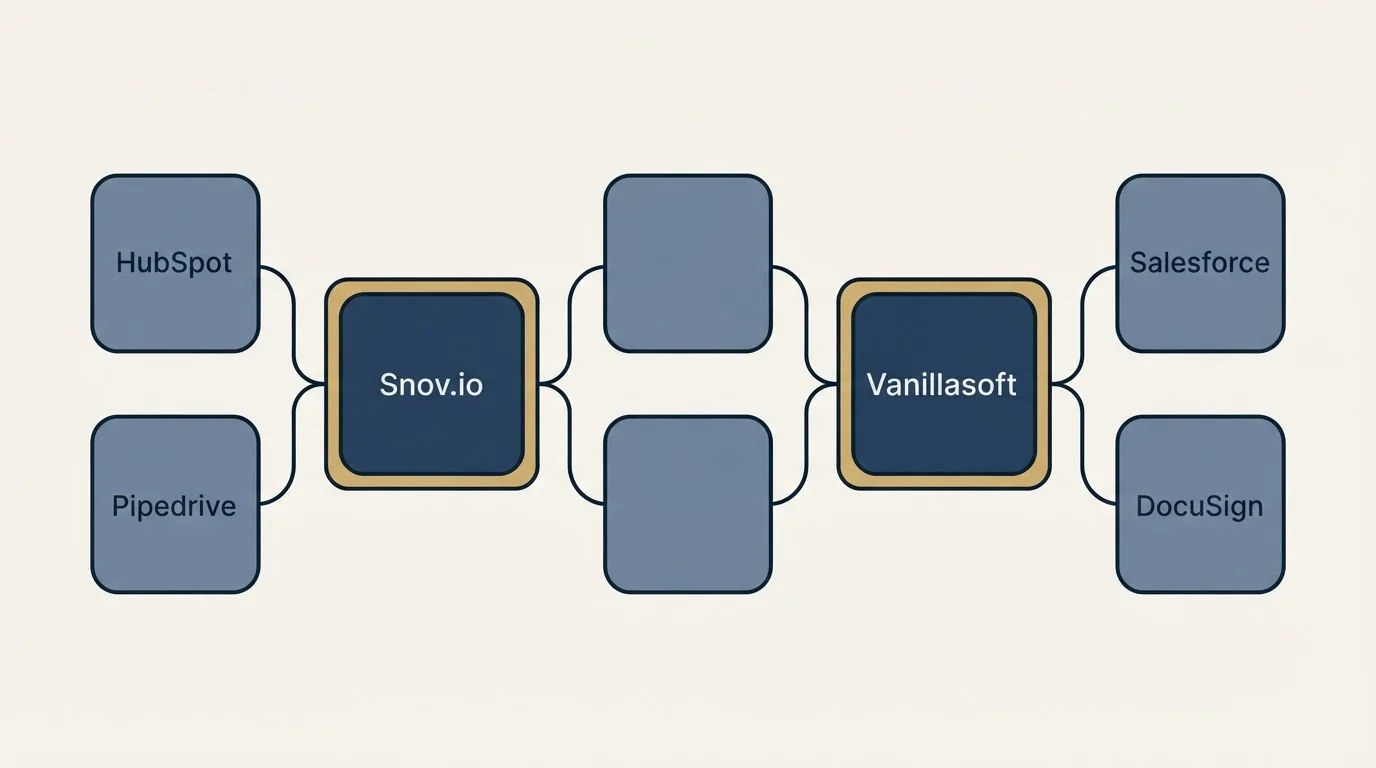 Integration schematic: Integration Ecosystem (Snov.io, Vanillasoft, HubSpot, Salesforce)