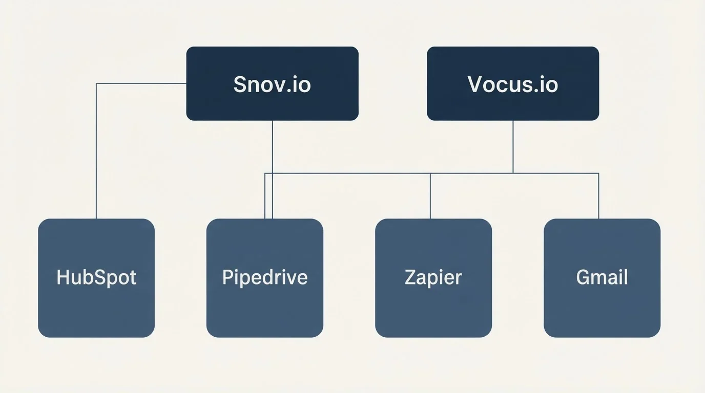 Integration grid: Integration Ecosystem (Snov.io, Vocus.io, Pipedrive, Zapier)