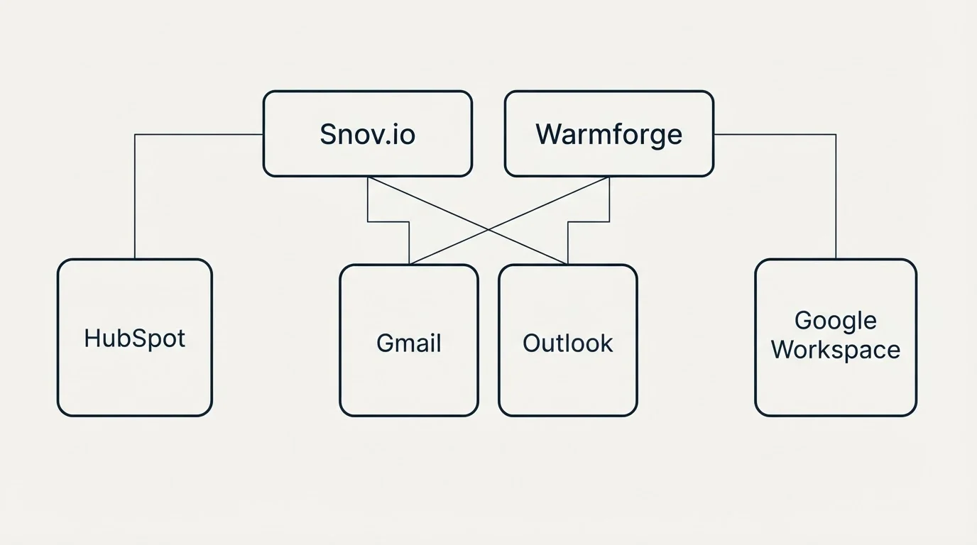 Integration grid: Integration Ecosystem (Snov.io, Warmforge, Gmail, Outlook)