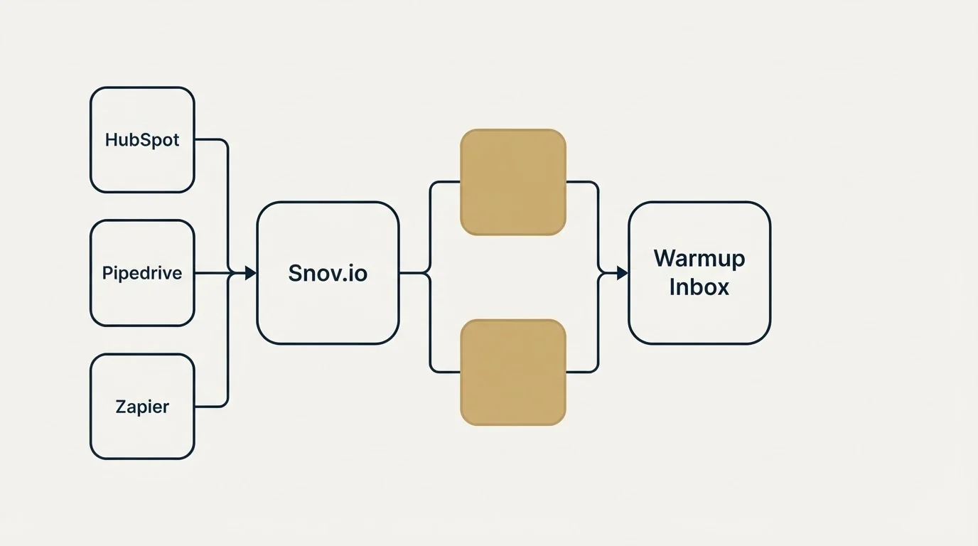 Integration schematic: Integration Ecosystem (Snov.io, Warmup Inbox, HubSpot, Gmail Workspace)