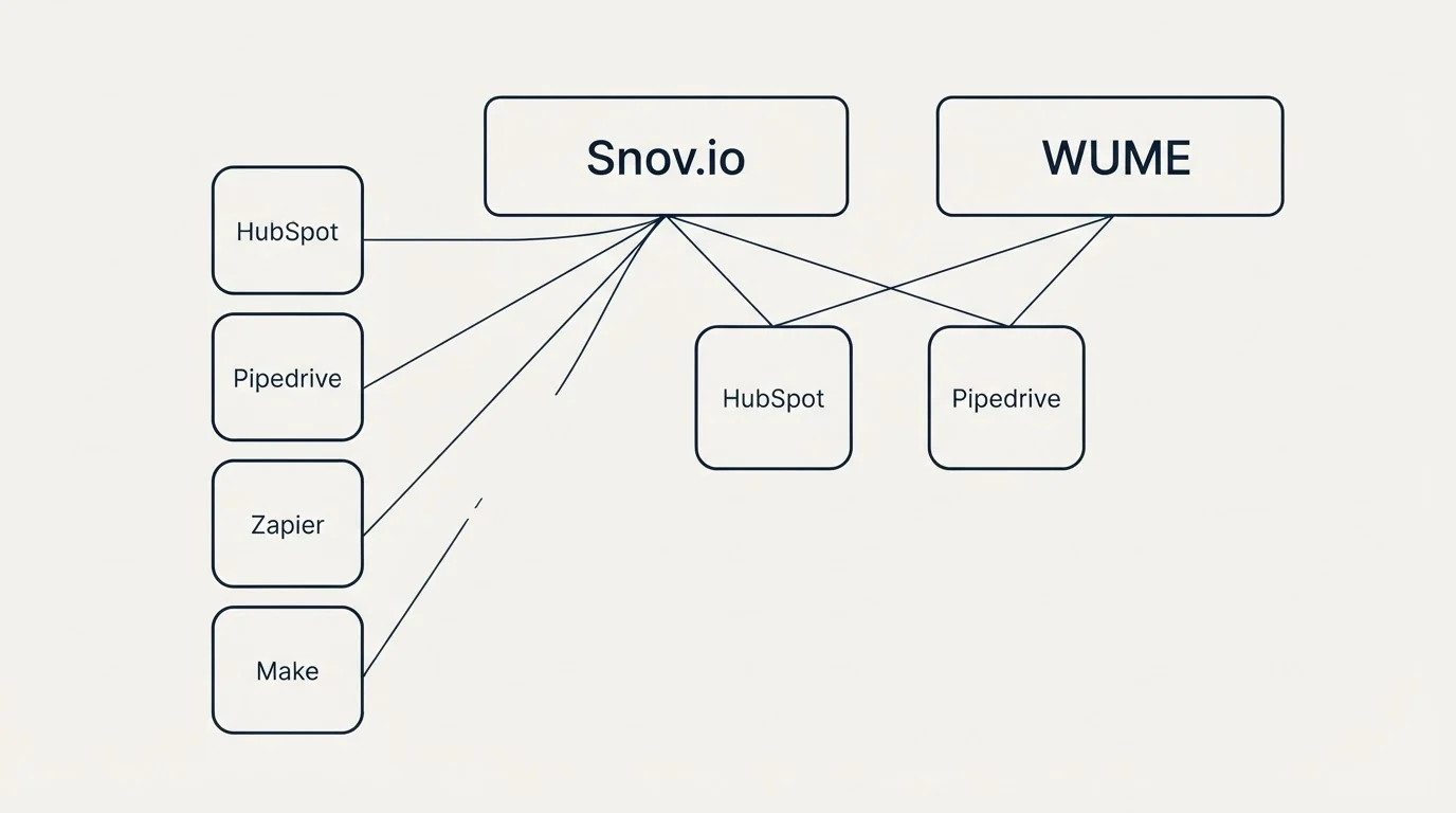 Integration grid: Integration Ecosystem (Snov.io, WUME, HubSpot, Pipedrive)