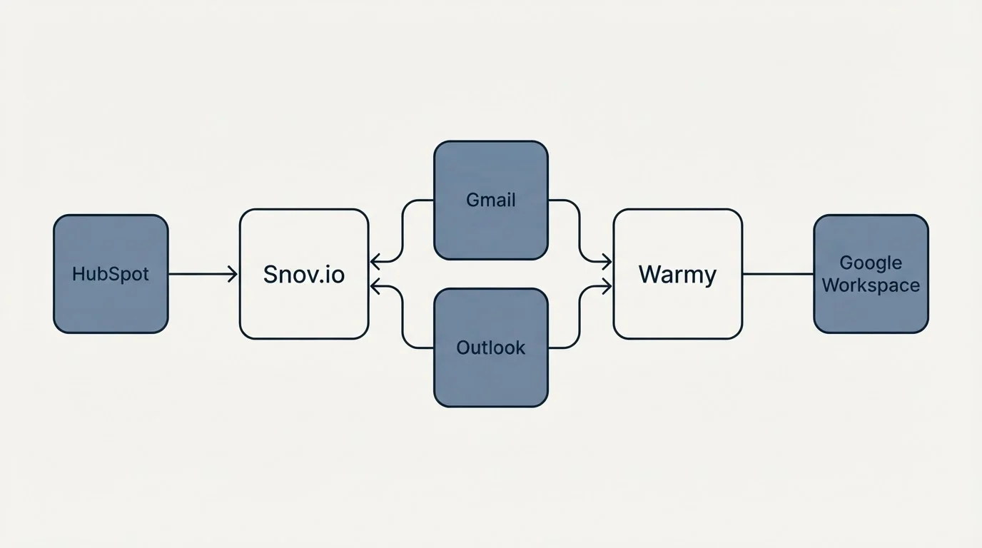 Integration schematic: Integration Ecosystem (Snov.io, Warmy, Gmail, Outlook)