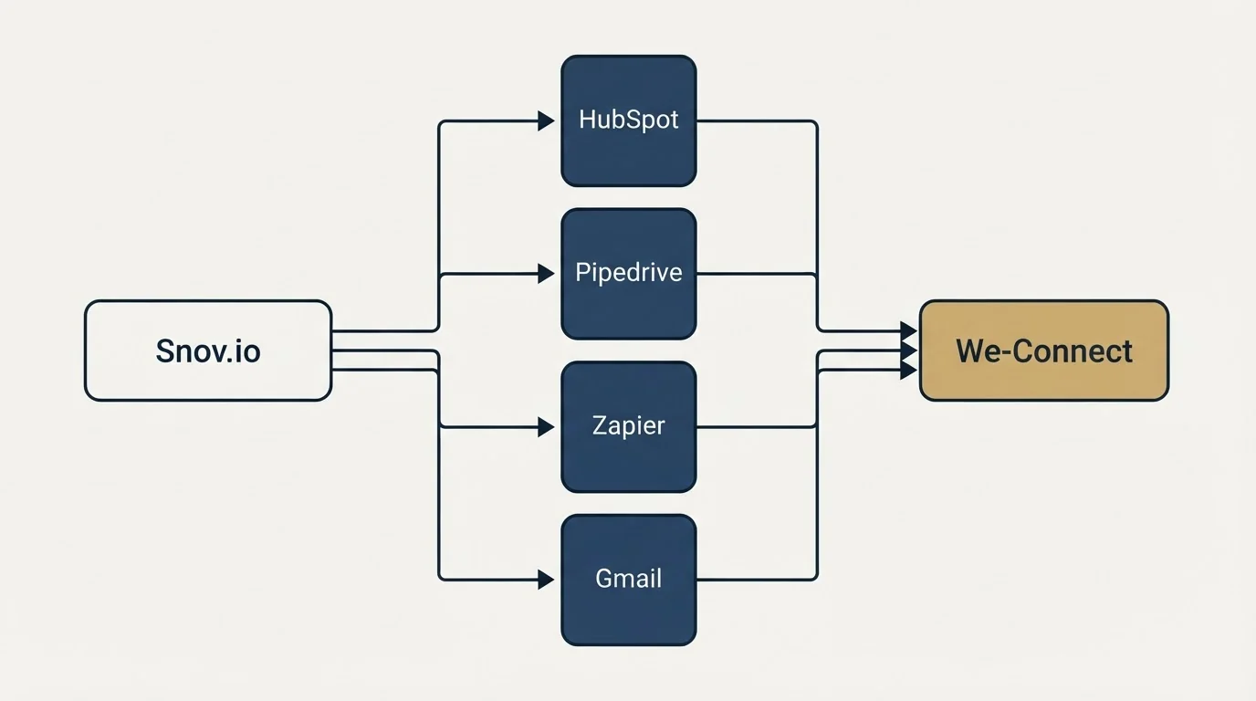 Integration flow: Integration Ecosystem (Snov.io, We-Connect, HubSpot, Pipedrive)