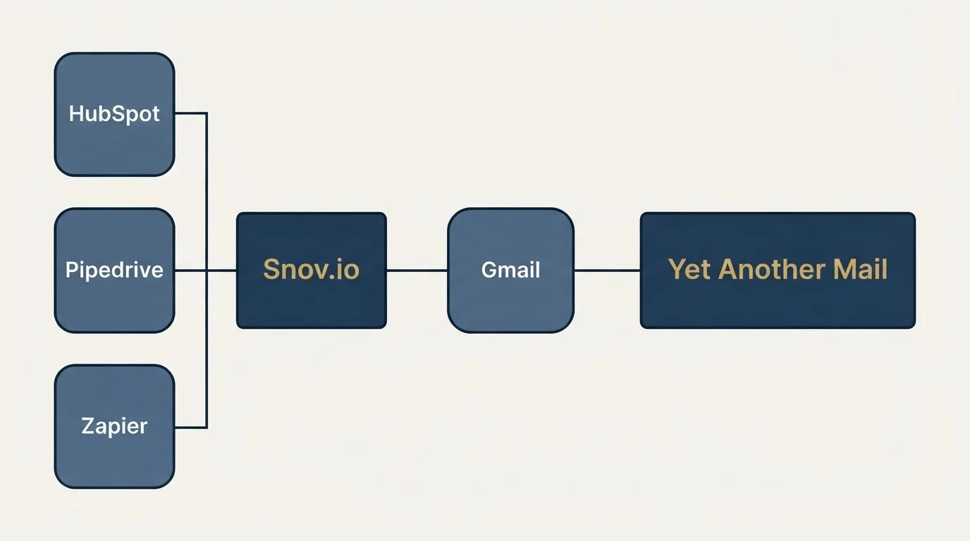 Integration schematic: Integration Ecosystem (Snov.io, Yet Another Mail, Gmail, HubSpot)