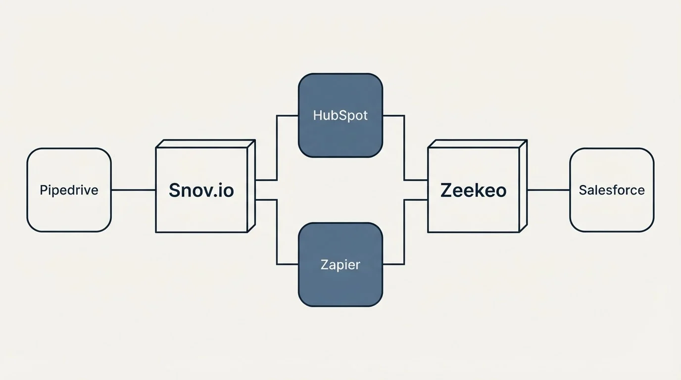 Integration flow: Integration Ecosystem (Snov.io, Zeekeo, HubSpot, Zapier)