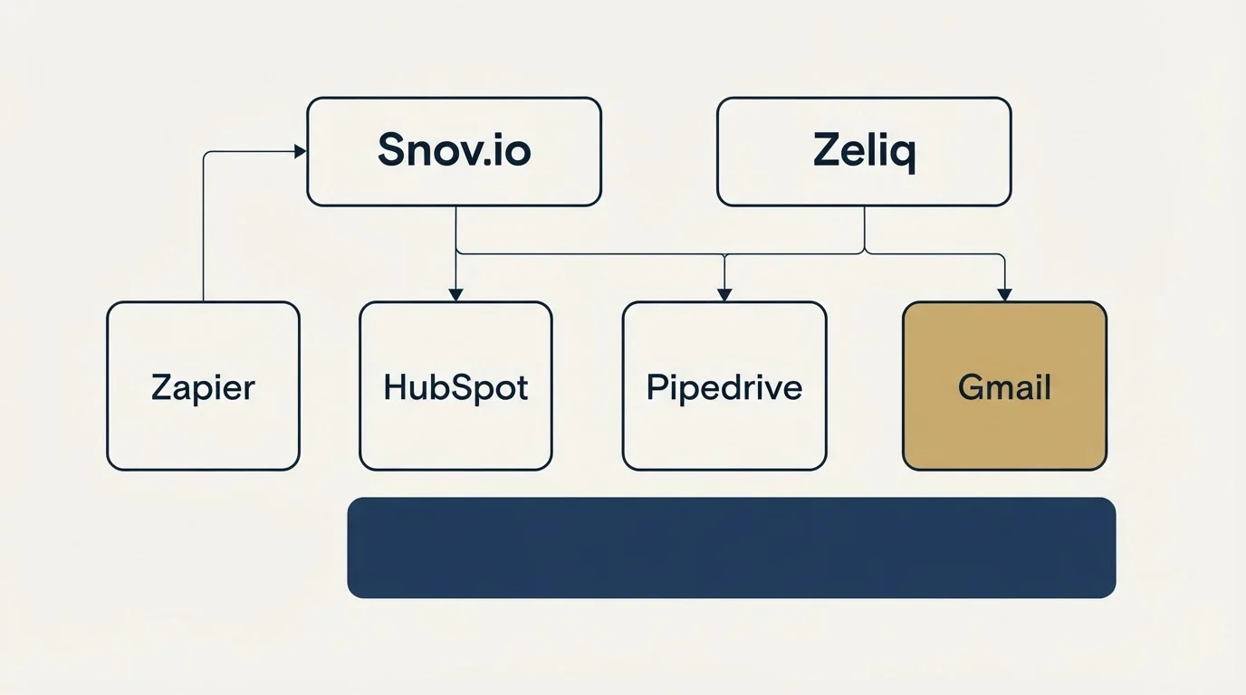 Integration grid: Integration Ecosystem (Snov.io, Zeliq, HubSpot, Pipedrive)