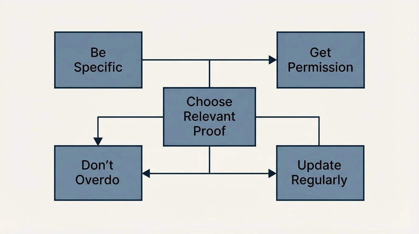 Schematic: Best Practices for Social Proof Emails (Choose Relevant Proof, Be Specific, Get Permission, Update Regularly)