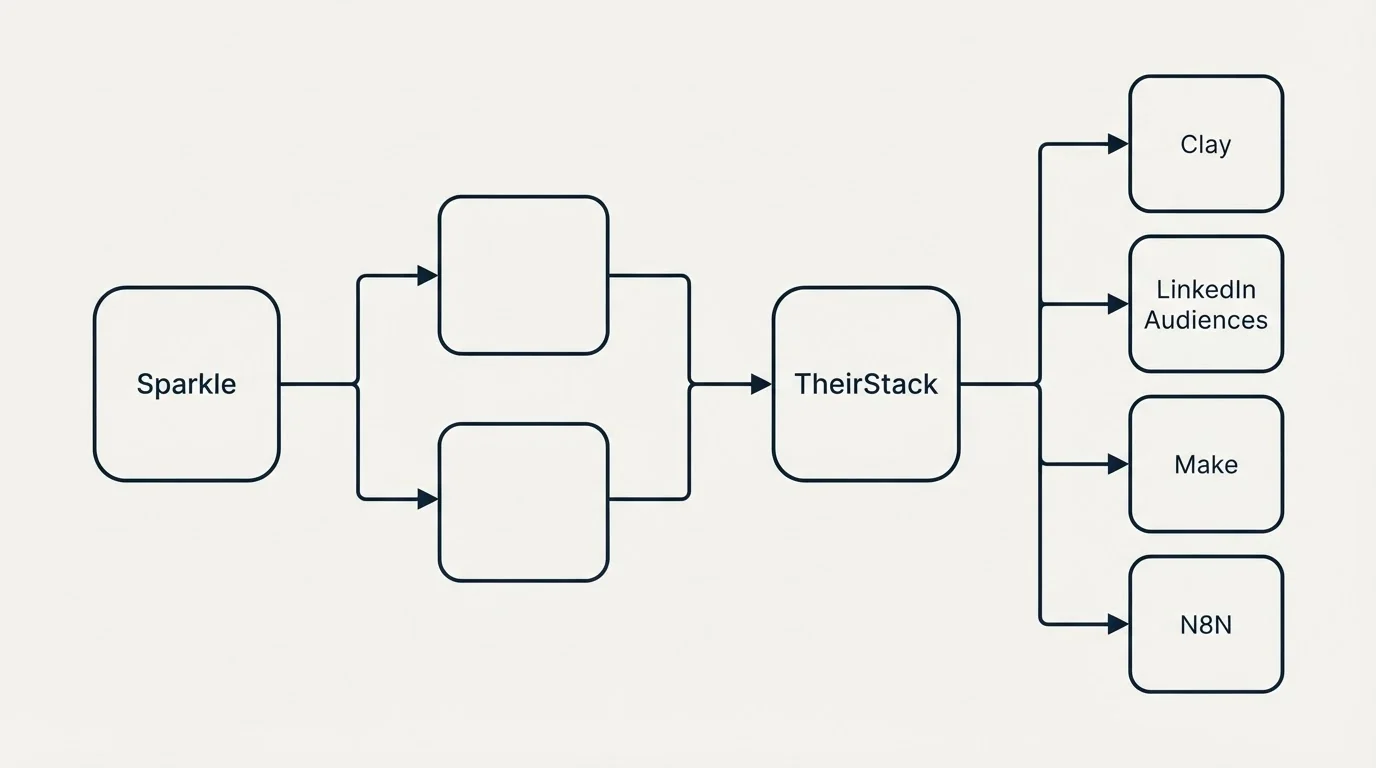 Integration schematic: Integration Ecosystem (Sparkle, TheirStack, Clay, LinkedIn Audiences)