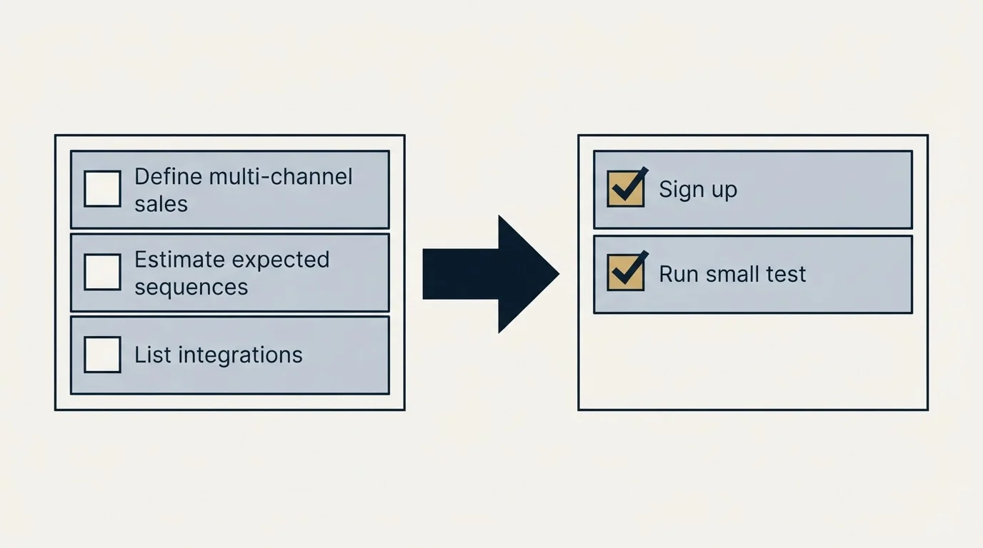 Before-and-after steps: Getting Started Checklist (Define multi-channel sales, Estimate expected sequences, List integrations, Sign up)