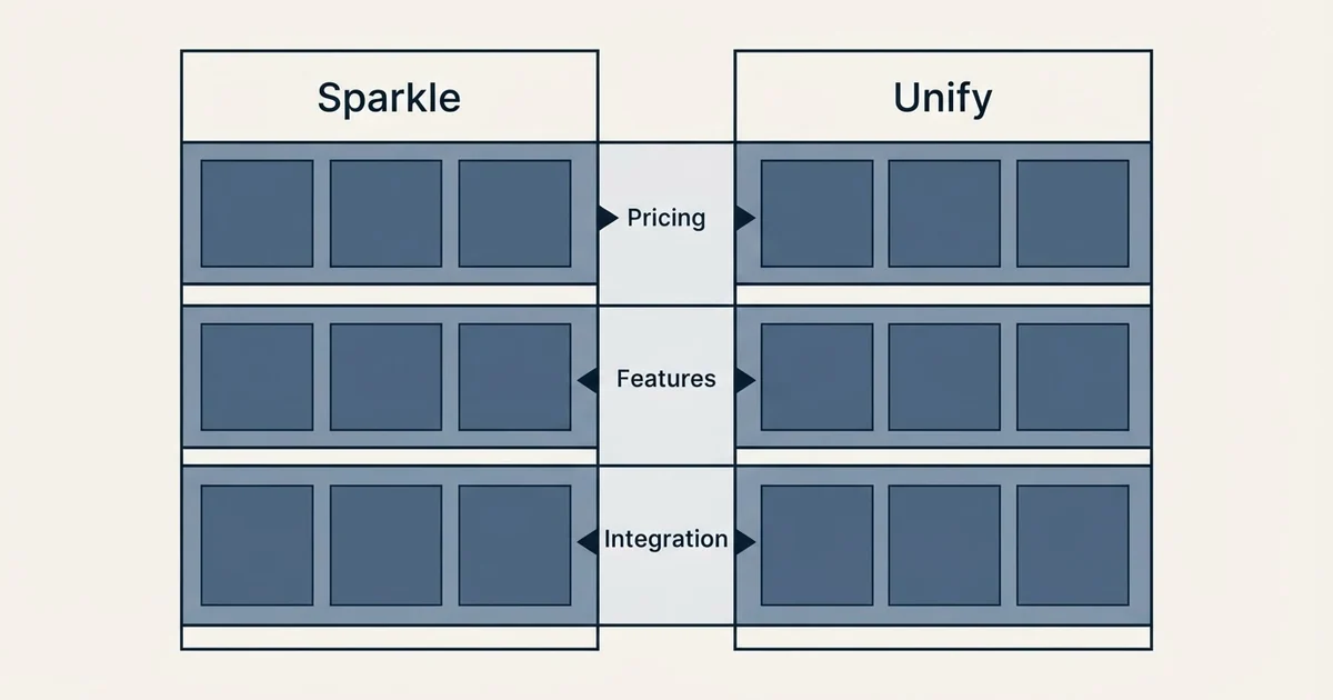 Comparison panel: Sparkle vs Unify (Pricing, Features, Integration)