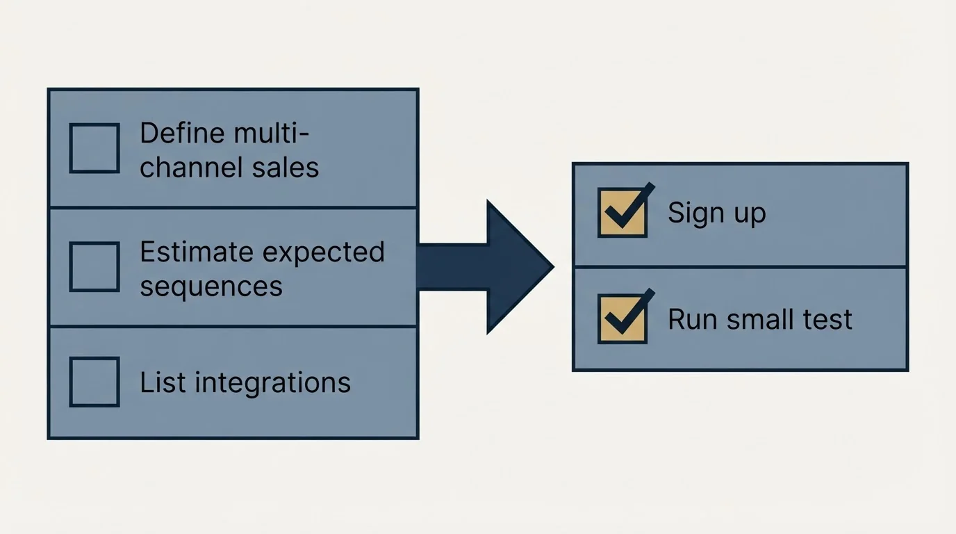 Before-and-after steps: Getting Started Checklist (Define multi-channel sales, Estimate expected sequences, List integrations, Sign up)
