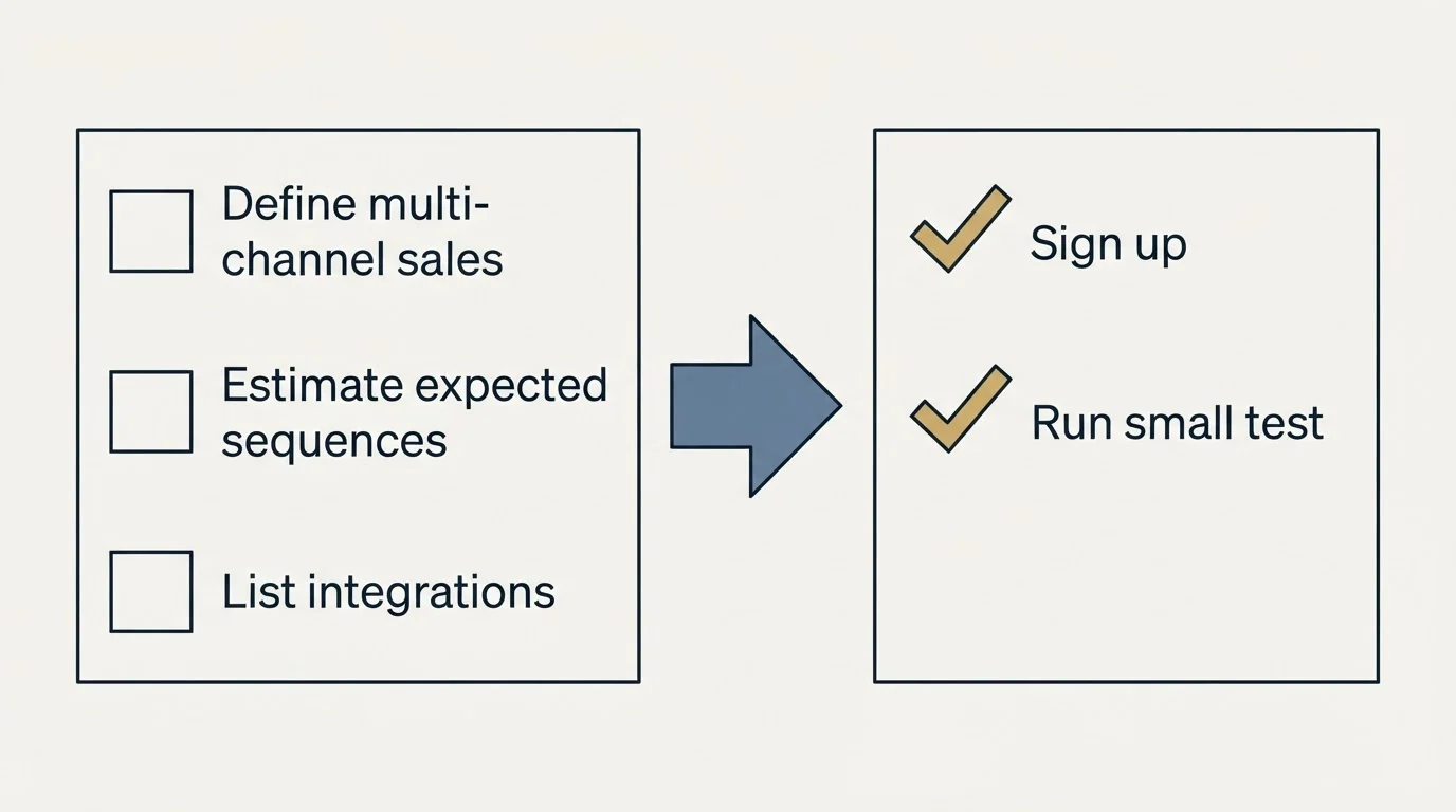 Before-and-after steps: Getting Started Checklist (Define multi-channel sales, Estimate expected sequences, List integrations, Sign up)