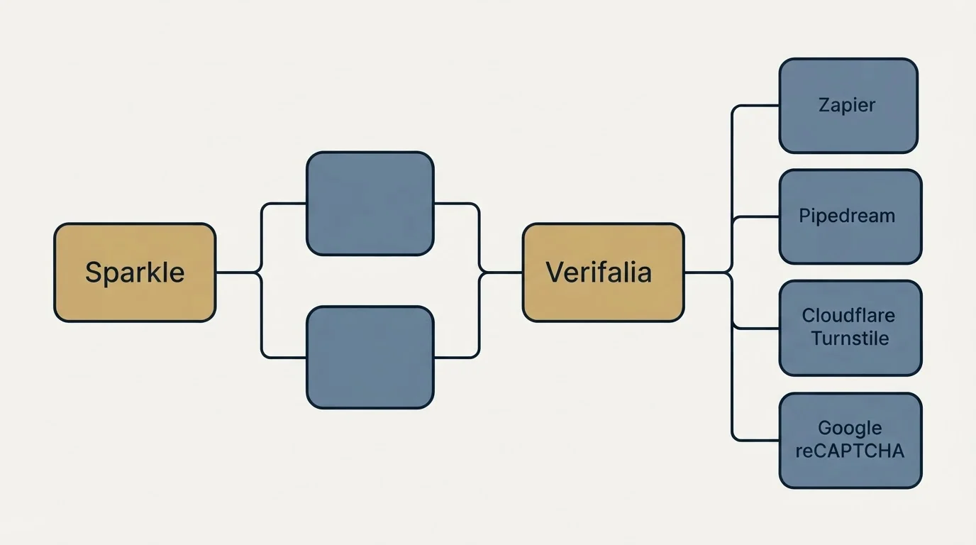 Integration flow: Integration Ecosystem (Sparkle, Verifalia, Zapier, Pipedream)