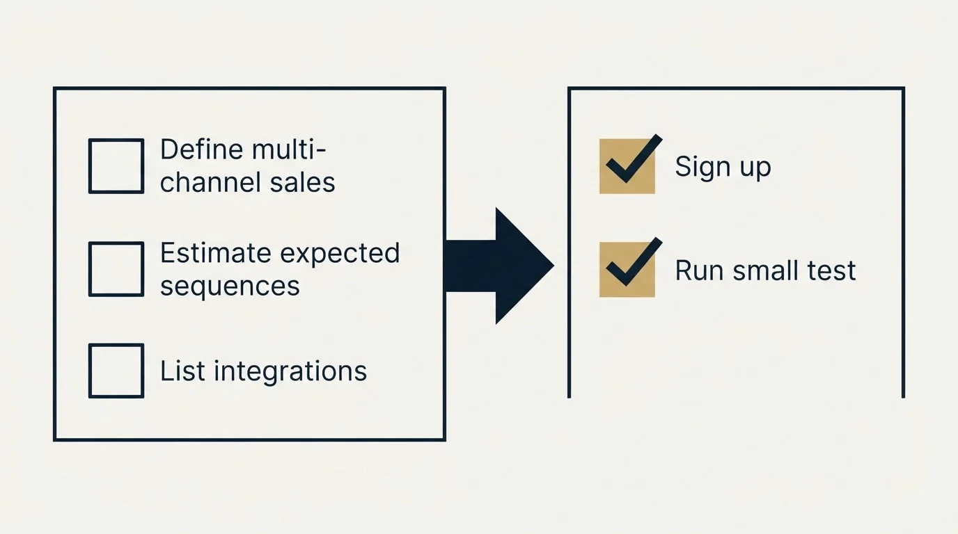 Before-and-after steps: Getting Started Checklist (Define multi-channel sales, Estimate expected sequences, List integrations, Sign up)