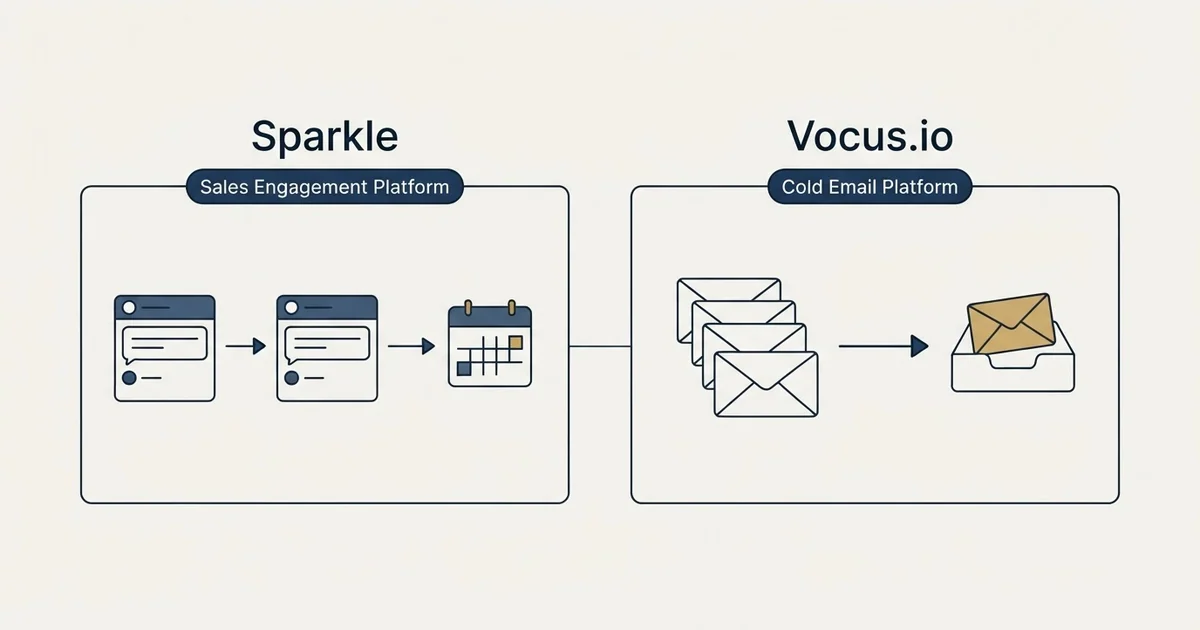 Side-by-side panels: Sparkle vs Vocus.io (Sales Engagement Platform, Cold Email Platform)