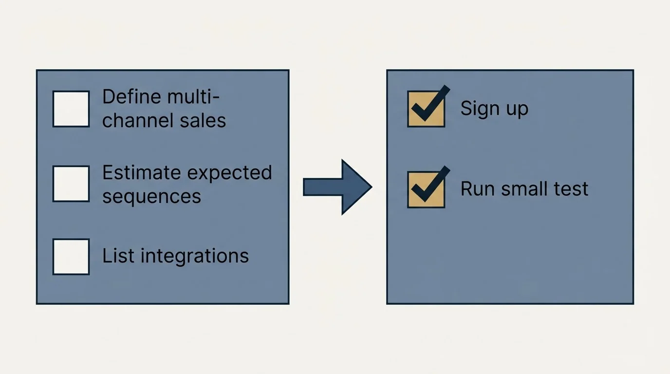 Before-and-after steps: Getting Started Checklist (Define multi-channel sales, Estimate expected sequences, List integrations, Sign up)