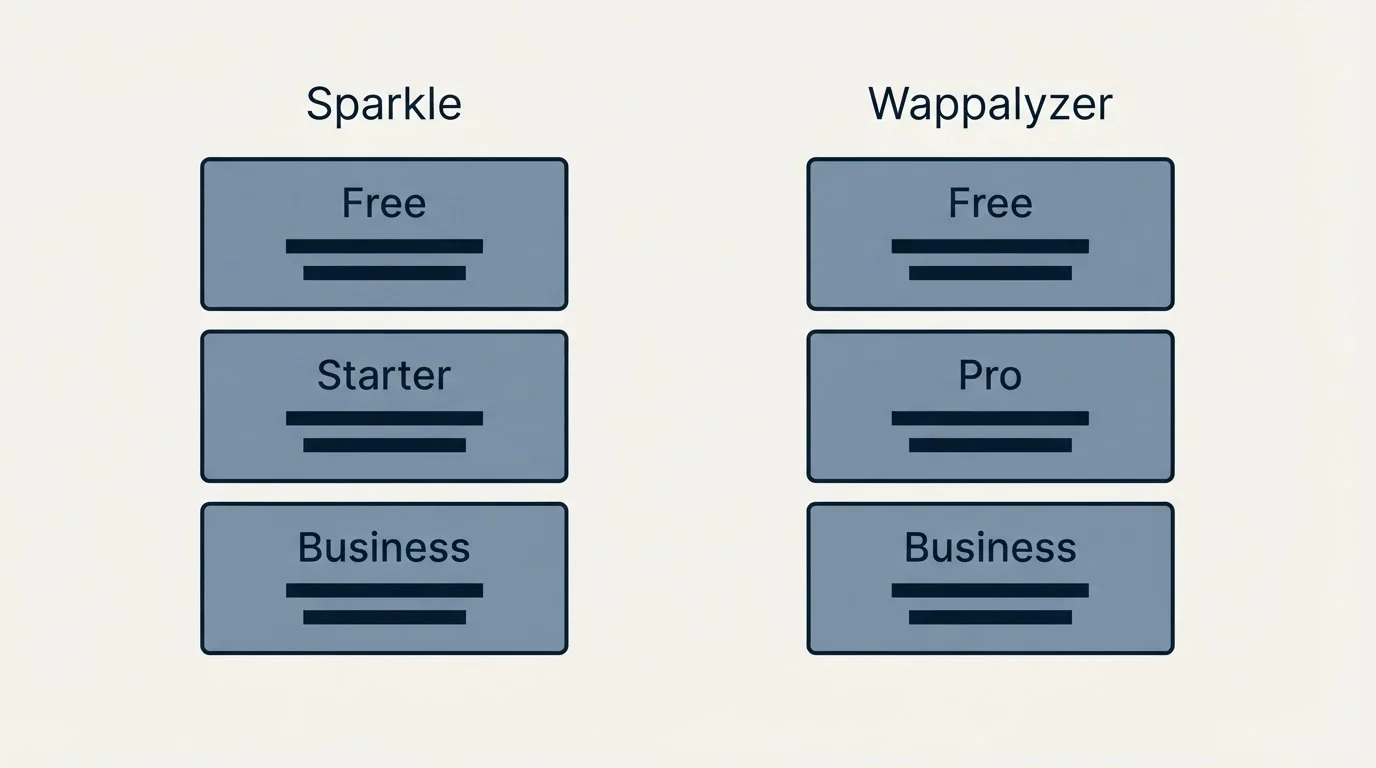 Pricing panels: Pricing Comparison (Sparkle, Wappalyzer, Free, Starter)
