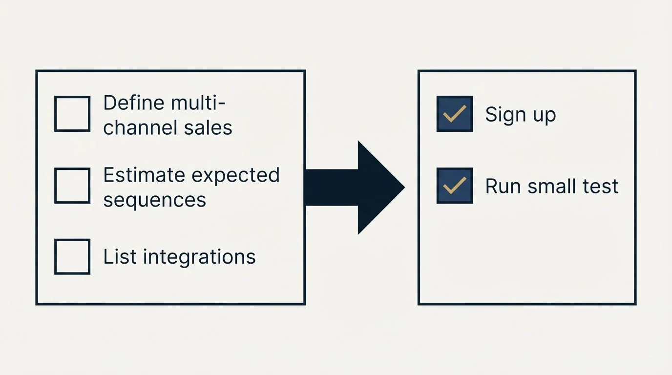 Before-and-after steps: Getting Started Checklist (Define multi-channel sales, Estimate expected sequences, List integrations, Sign up)