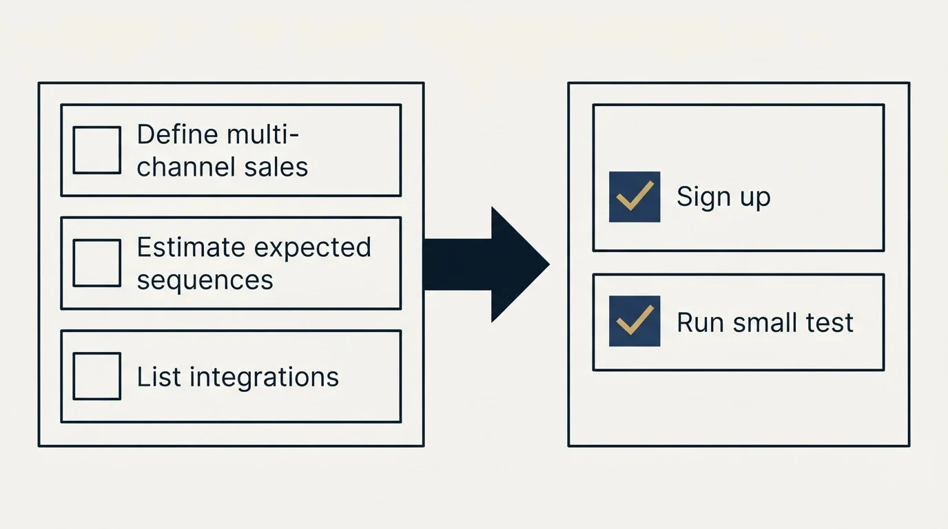 Before-and-after steps: Getting Started Checklist (Define multi-channel sales, Estimate expected sequences, List integrations, Sign up)
