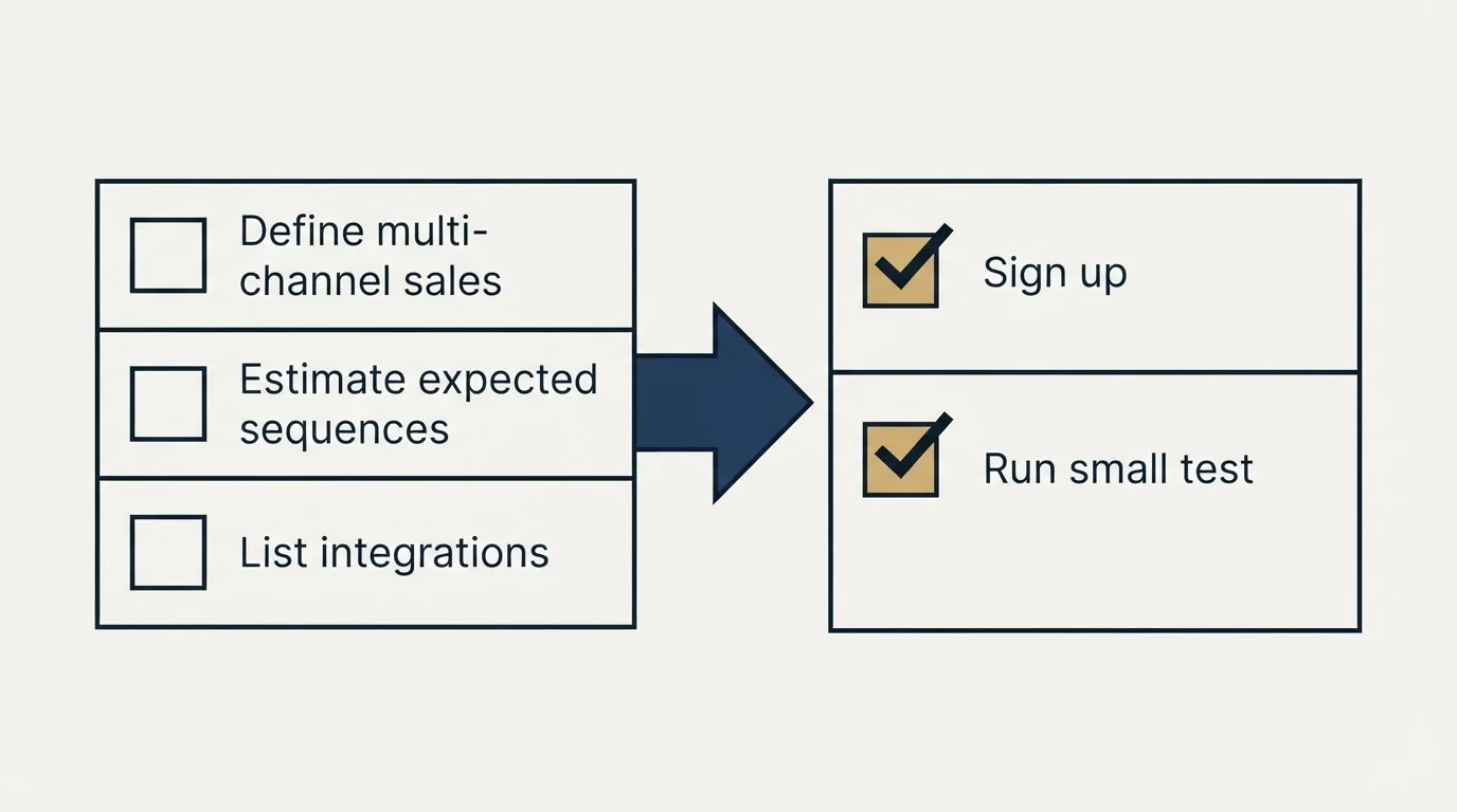 Before-and-after steps: Getting Started Checklist (Define multi-channel sales, Estimate expected sequences, List integrations, Sign up)
