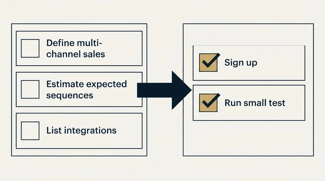 Before-and-after steps: Getting Started Checklist (Define multi-channel sales, Estimate expected sequences, List integrations, Sign up)