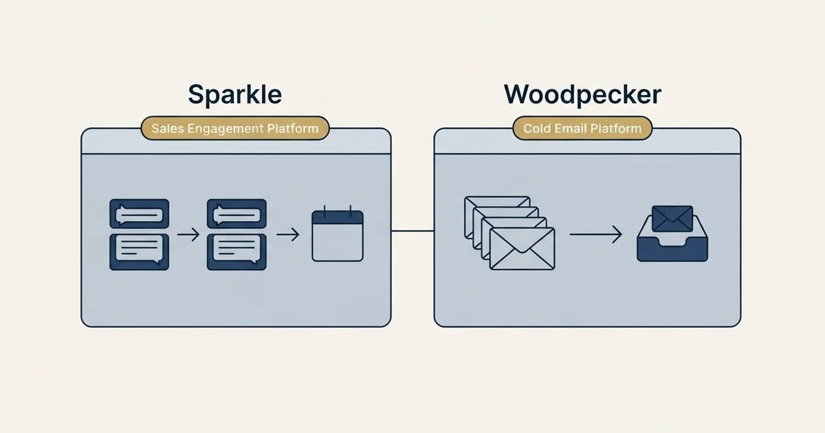 Side-by-side panels: Sparkle vs Woodpecker (Sales Engagement Platform, Cold Email Platform)