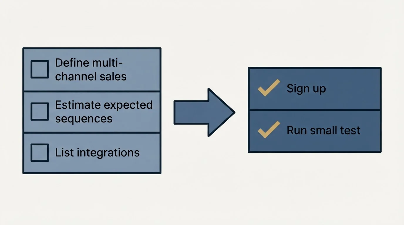 Before-and-after steps: Getting Started Checklist (Define multi-channel sales, Estimate expected sequences, List integrations, Sign up)