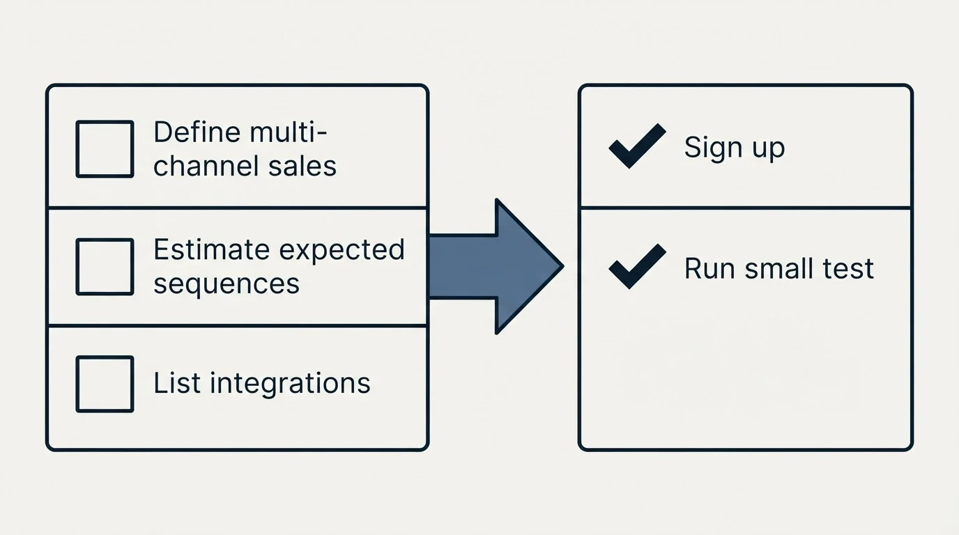 Before-and-after steps: Getting Started Checklist (Define multi-channel sales, Estimate expected sequences, List integrations, Sign up)