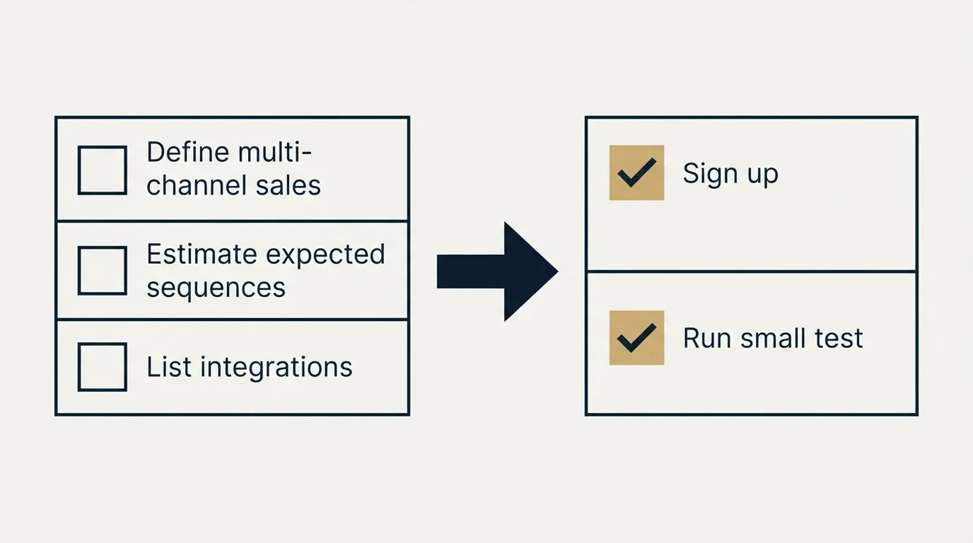 Before-and-after steps: Getting Started Checklist (Define multi-channel sales, Estimate expected sequences, List integrations, Sign up)