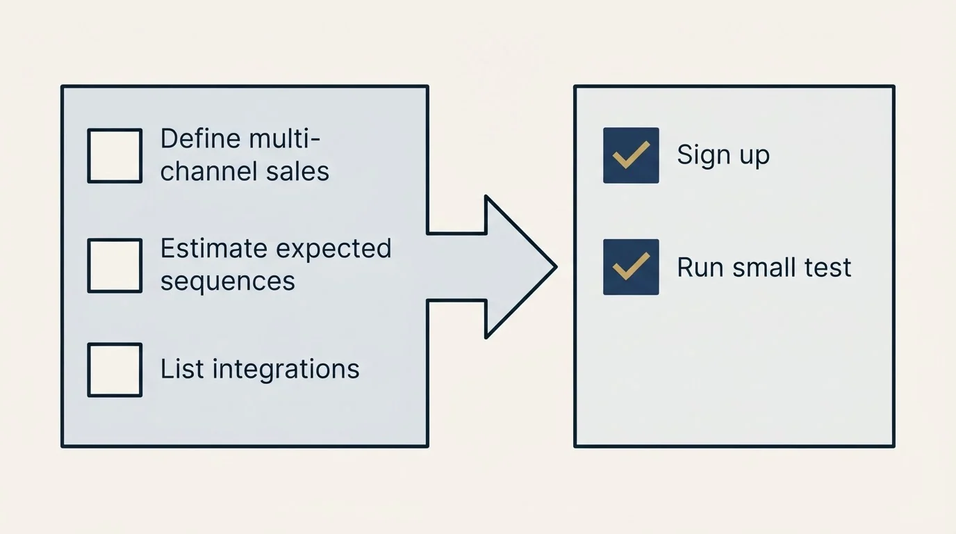 Before-and-after steps: Getting Started Checklist (Define multi-channel sales, Estimate expected sequences, List integrations, Sign up)