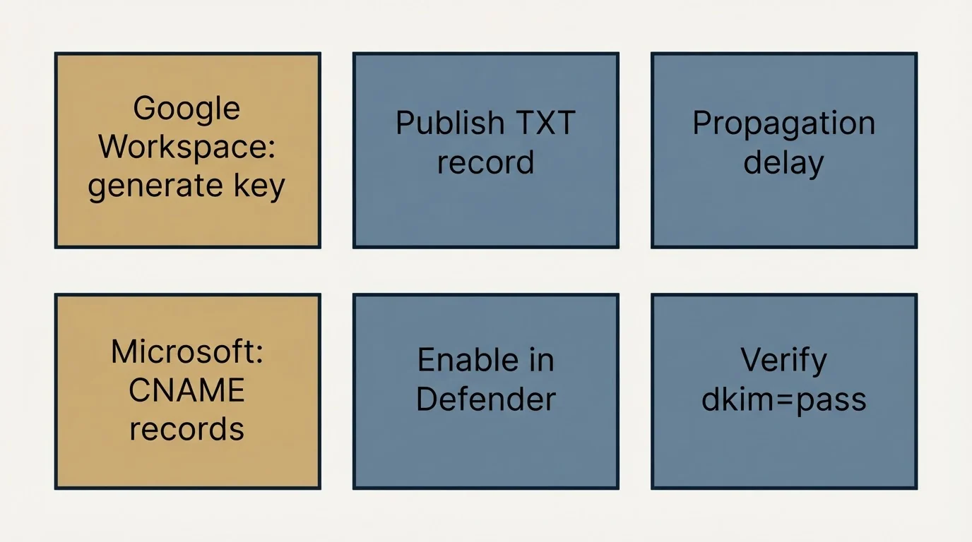 Schematic: DKIM: generate, publish, verify (Google Workspace: generate key, Publish TXT record, Propagation delay, Microsoft: CNAME records)