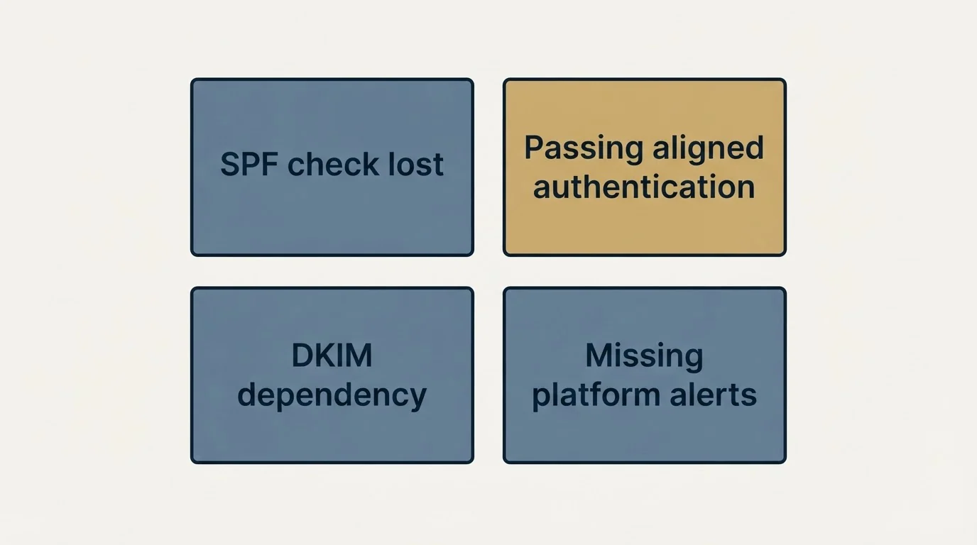 Schematic: Why it matters (SPF check lost, Passing aligned authentication, DKIM dependency, Missing platform alerts)