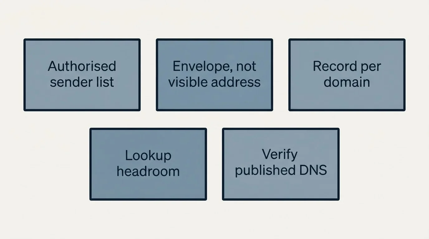 Schematic: The short version (Authorised sender list, Envelope, not visible address, Record per domain, Lookup headroom)